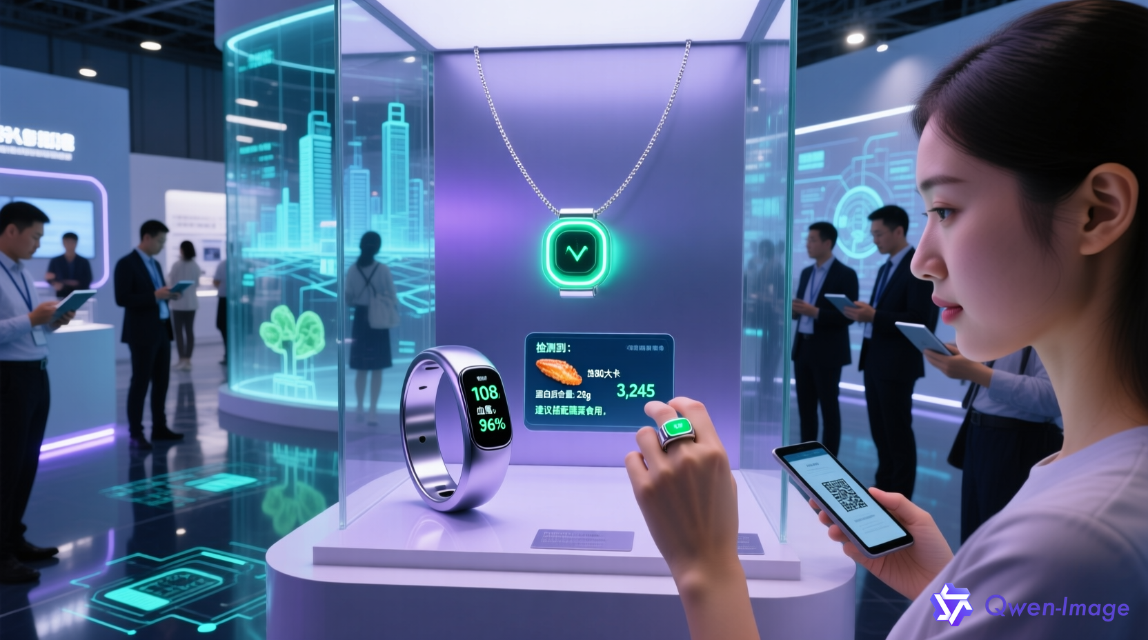 智能指环和AI项链在广交会展示场景，指环显示健康数据，项链进行食物识别