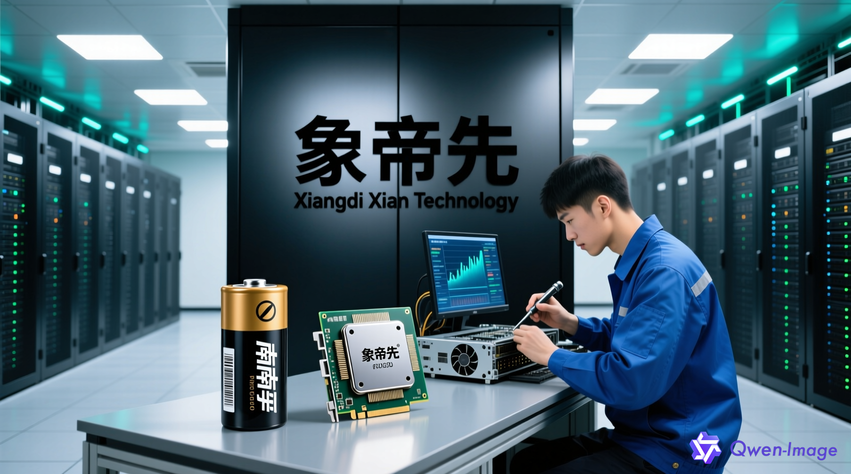 中国重庆数据中心内南孚电池与GPU芯片研发场景
