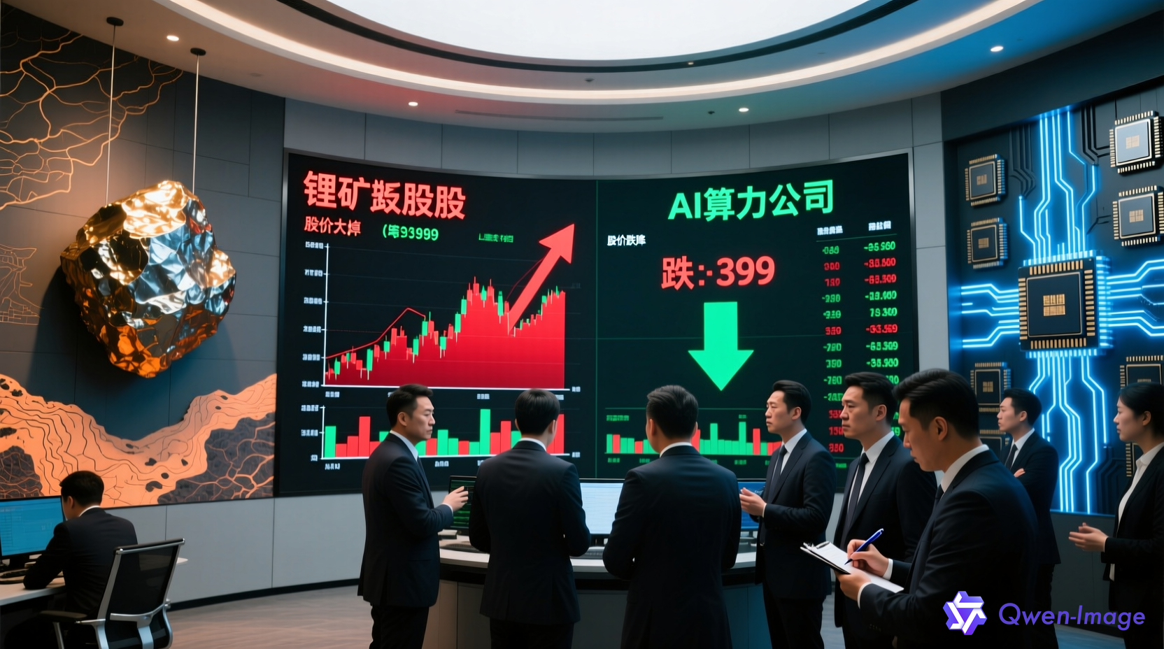 A股交易大厅锂矿概念股涨停与AI算力公司跌停对比