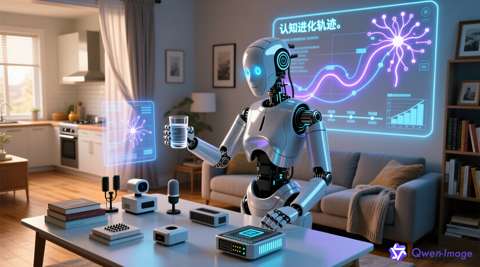 具身智能机器人在家庭环境中与物体互动，展示学习和记忆过程的可视化界面，科技感与生活化融合场景