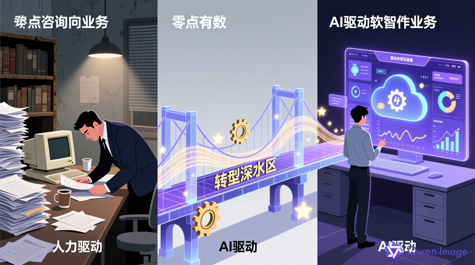 传统咨询业务与AI驱动软件业务的对比场景，左侧是堆积如山的纸质报告和人工分析场景，右侧是现代化的AI决策云平台界面，中间是转型过程中的桥梁，象征从'人力驱动'向'AI驱动'的转变