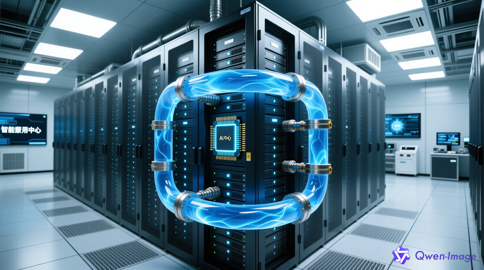 数据中心液冷系统与AI算力服务器集群，蓝色冷却液管道环绕高性能芯片，现代数据中心内部场景，科技感十足