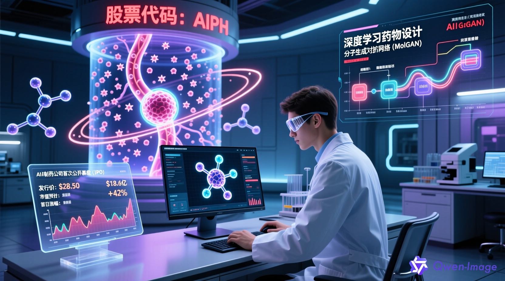 AI制药实验室场景，科学家操作分子结构和AI算法界面，显示剂泰科技IPO信息