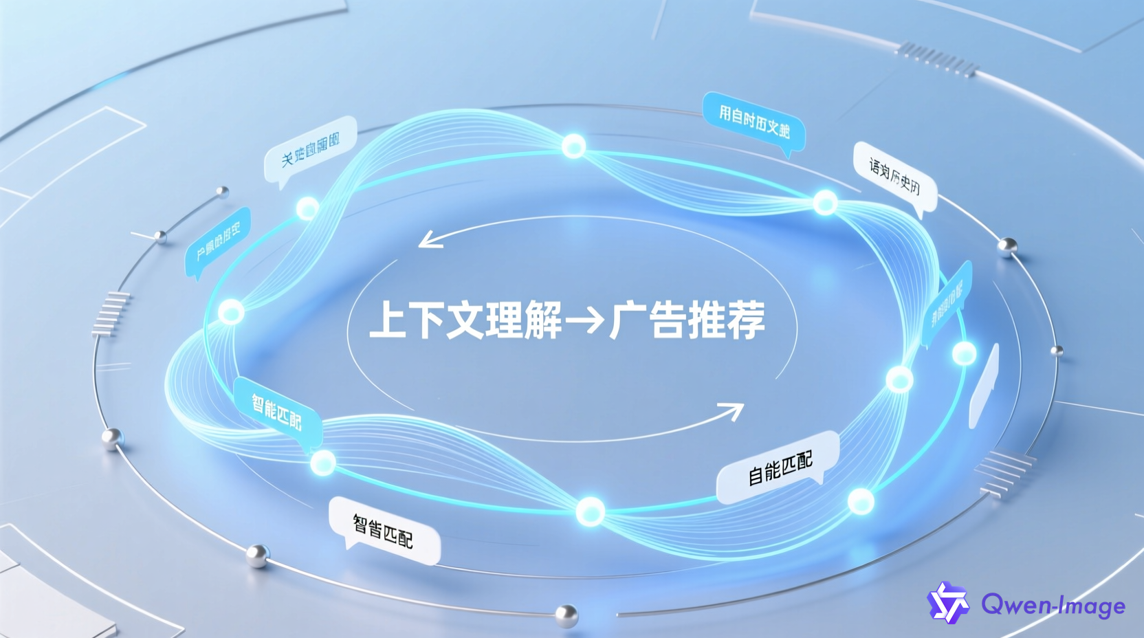 AI广告系统界面抽象概念图，对话上下文匹配广告的科技感场景