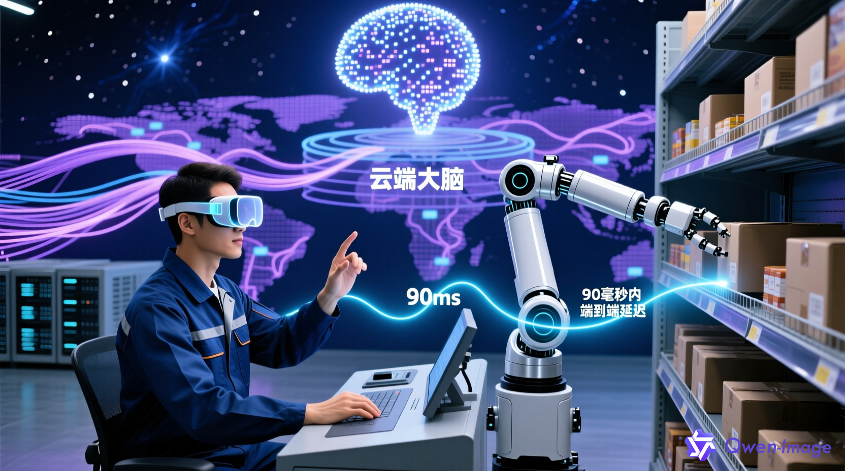 具身智能云端大脑架构示意图，展示90毫秒延迟的遥操作场景