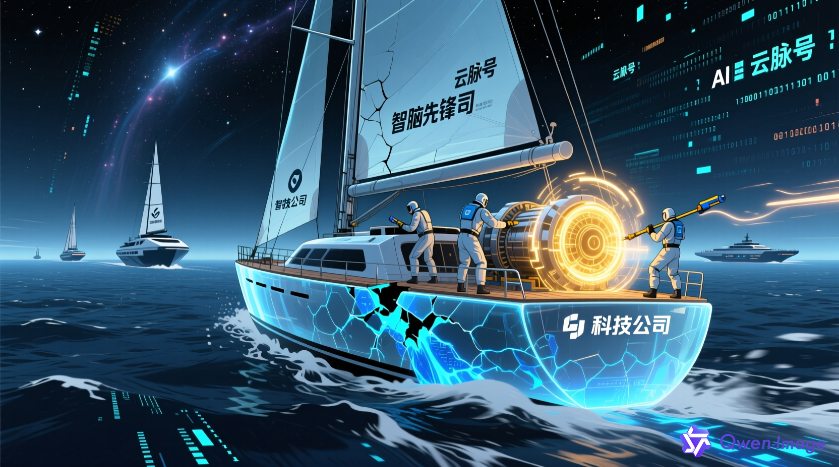 科技公司船在数据海洋中漏水，AI引擎推进，其他船只领先