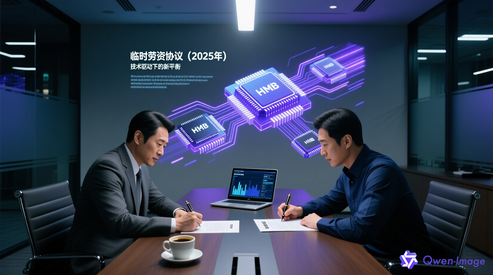 三星与工会在AI芯片时代签署临时协议的场景，背景包含AI芯片和HBM内存元素