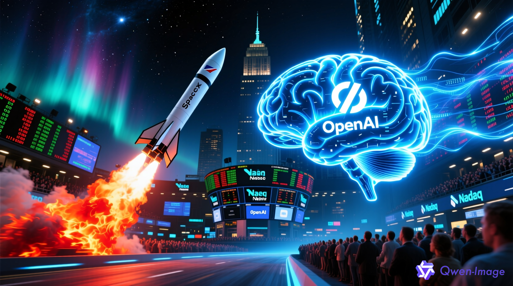 SpaceX火箭与OpenAI标志竞速IPO场景