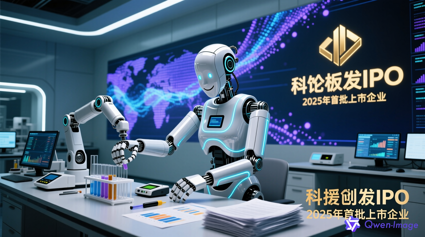 人形机器人在现代化实验室中自主整理桌面，背景有大模型训练数据流和科创板IPO标志，展示具身智能与资本市场的融合场景