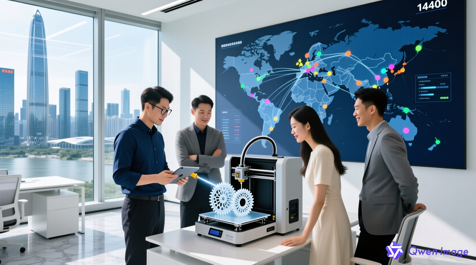 深圳创想三维办公室3D打印场景，窗外深圳天际线，销售网络地图