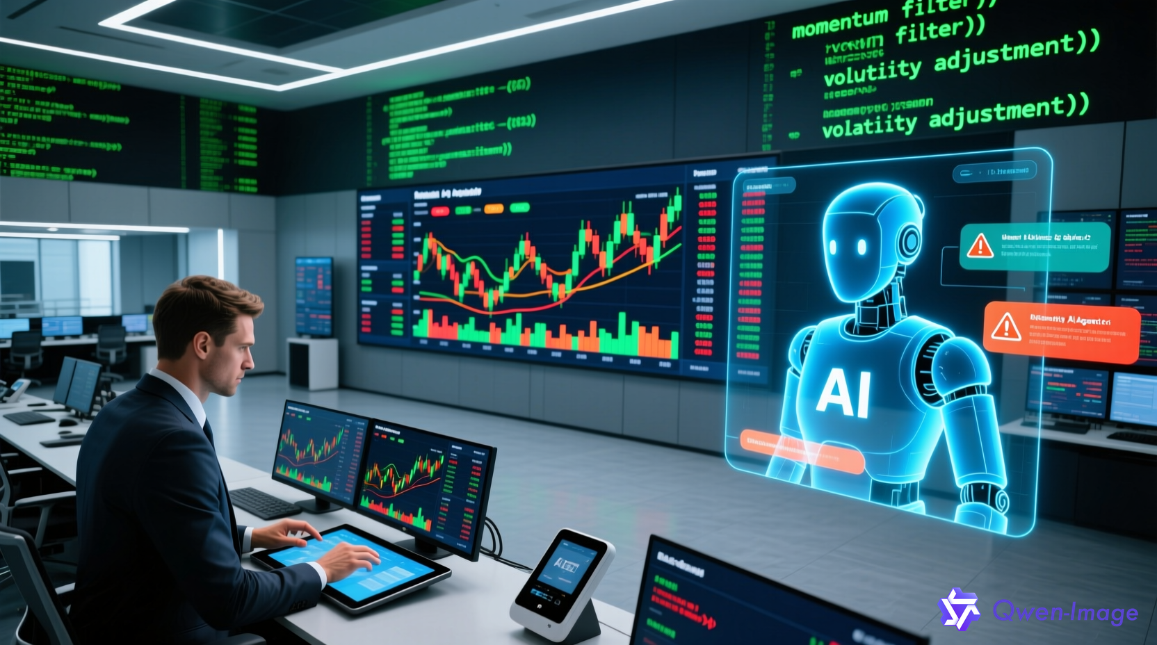 AI量化交易大赛场景：金融交易大厅内AI系统与交易员协同工作，实时数据图表与代码流展示
