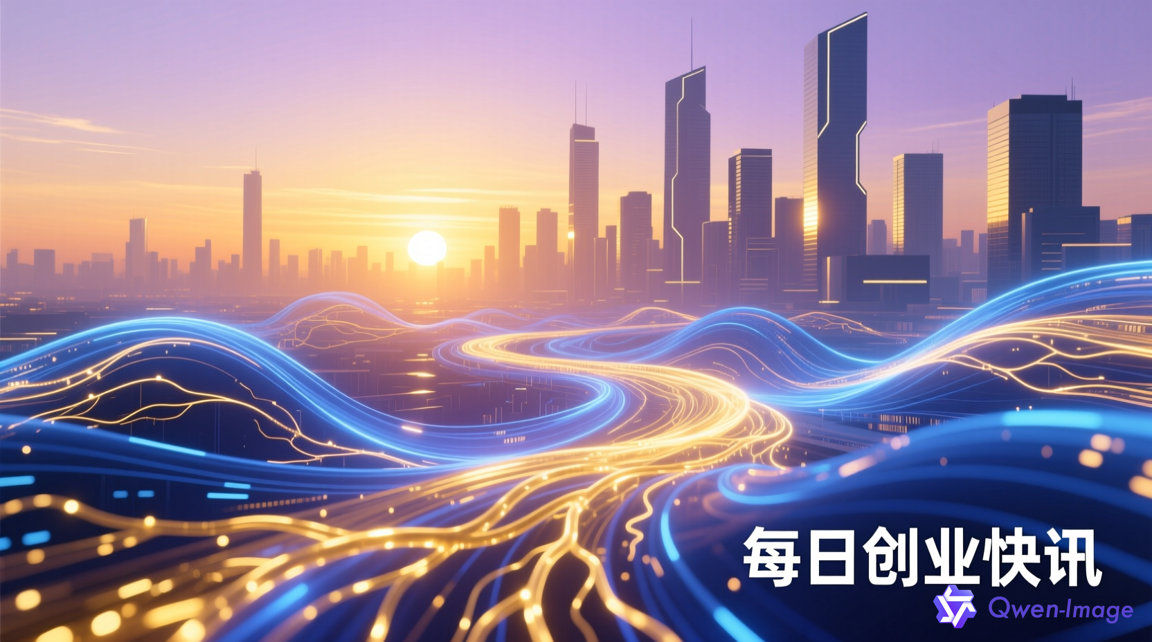 每日AI创业快讯封面 - 未来科技感创业资讯，抽象的数据流与发光神经网络交织，象征每日快讯与创业机遇