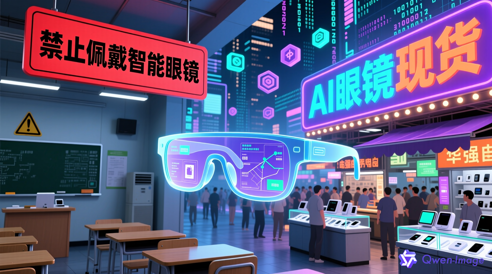 AI智能眼镜悬浮在高考考场与华强北电子市场之间，左侧是禁止佩戴智能眼镜的警示牌，右侧是热闹的电子柜台和AI眼镜现货招牌，背景是数据流和AR叠加的虚拟界面