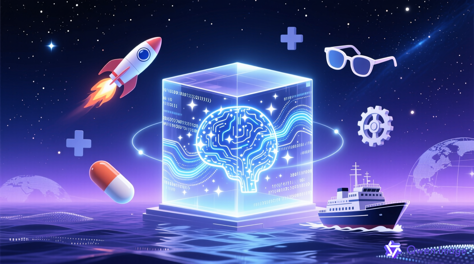 AI创业时代数字艺术概念插画：发光的透明立方体交织数据流与行业符号