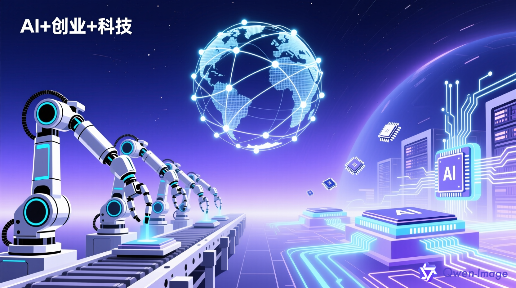 AI创业科技概念图 - 机器人、数据中心与全球网络连接