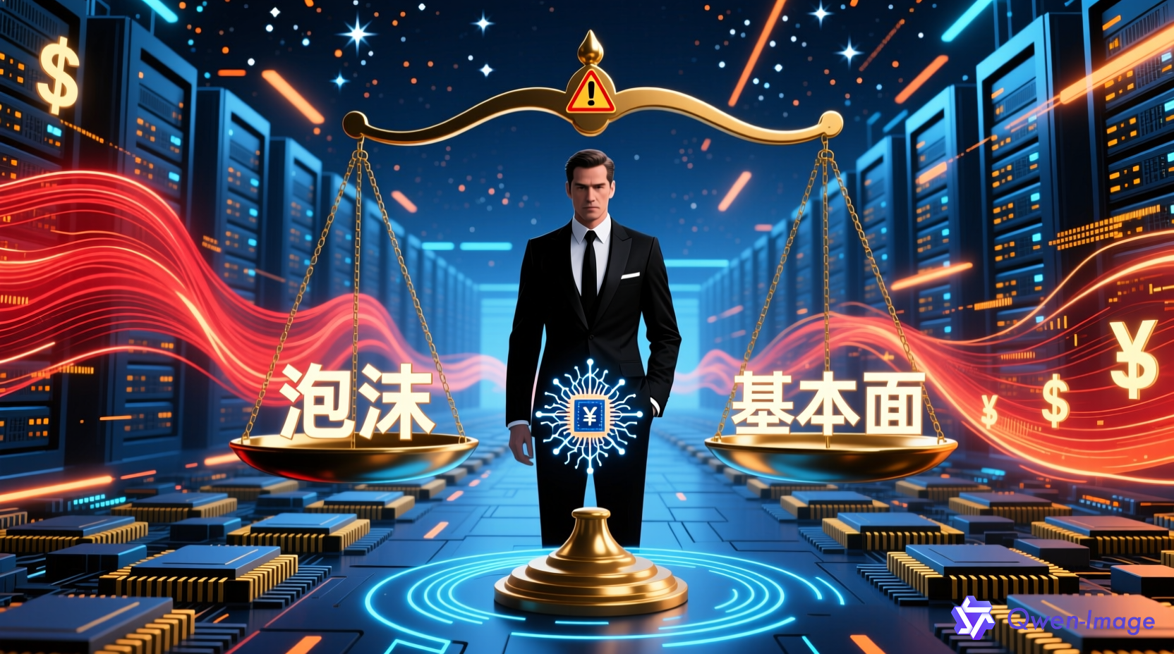 科技高管站在数据流与货币符号交织的虚拟天平前，天平一端写着泡沫，另一端写着基本面，背景是AI芯片与服务器集群，蓝色与金色色调，象征AI行业在泡沫与真实价值间的博弈
