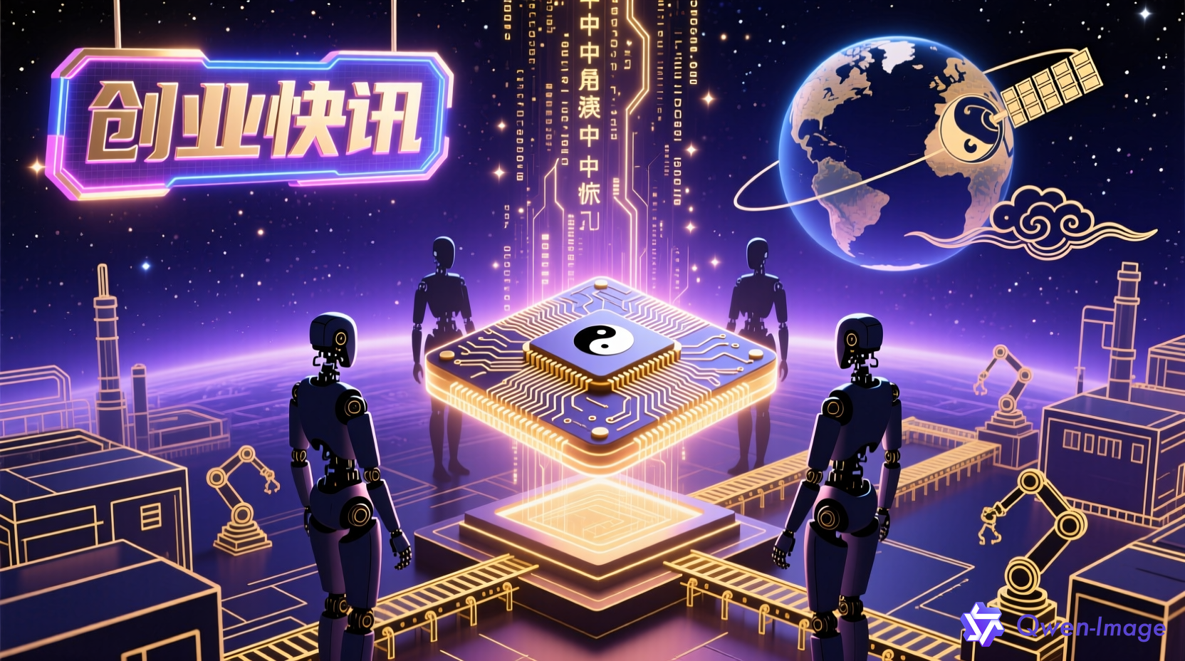 AI创业快讯概念图 - 融合AI芯片、人形机器人、数据流与制造业的科技数字艺术