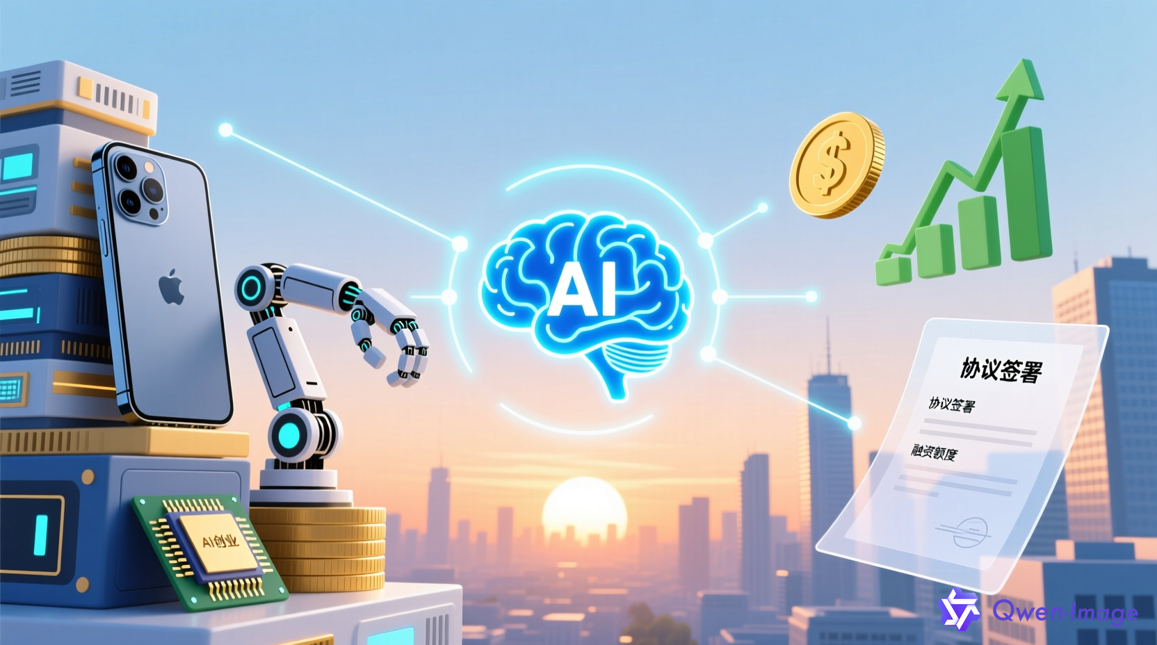 AI创业快讯概念图：科技硬件、资本与AI大脑的组合，象征AI创业、融资与科技新闻