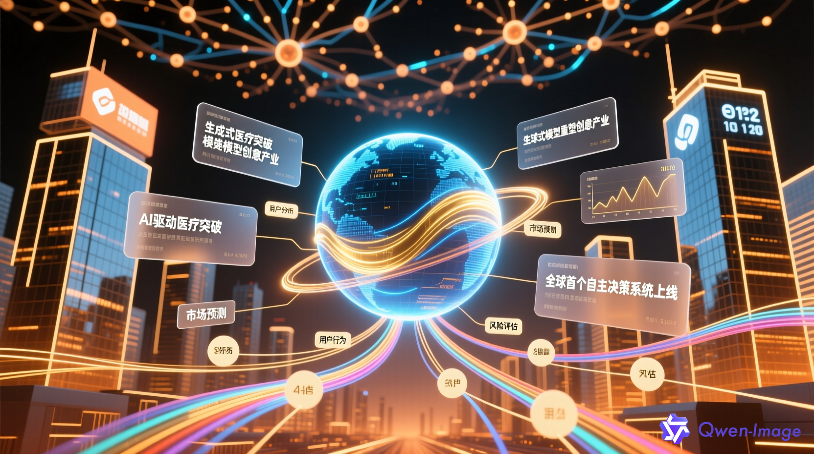 未来主义创业与AI科技快讯概念图，智能数据球体、新闻头条、数据流与数字城市天际线