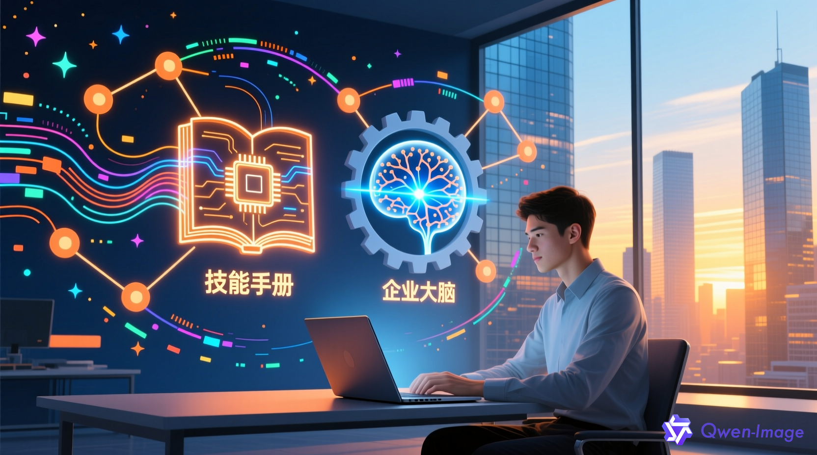 AI创业工作场景，年轻创业者坐在笔记本电脑前，屏幕中浮现出技能手册和企业大脑的图标，周围环绕数据流和组织架构图