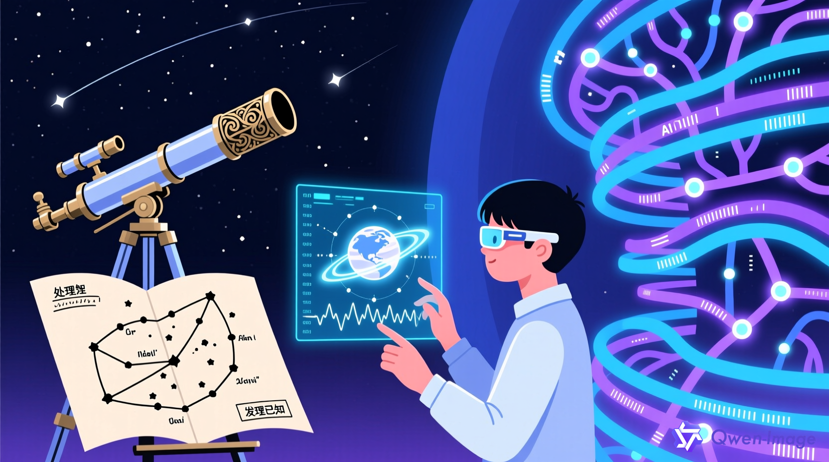 AI范式革命概念插画：从古老天文望远镜到AI神经网络，象征从处理已知到发现未知的AI范式革命