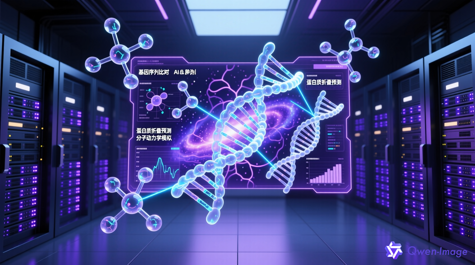 AI与生命科学融合的未来实验室场景，数字化分子结构与AI算法界面交织