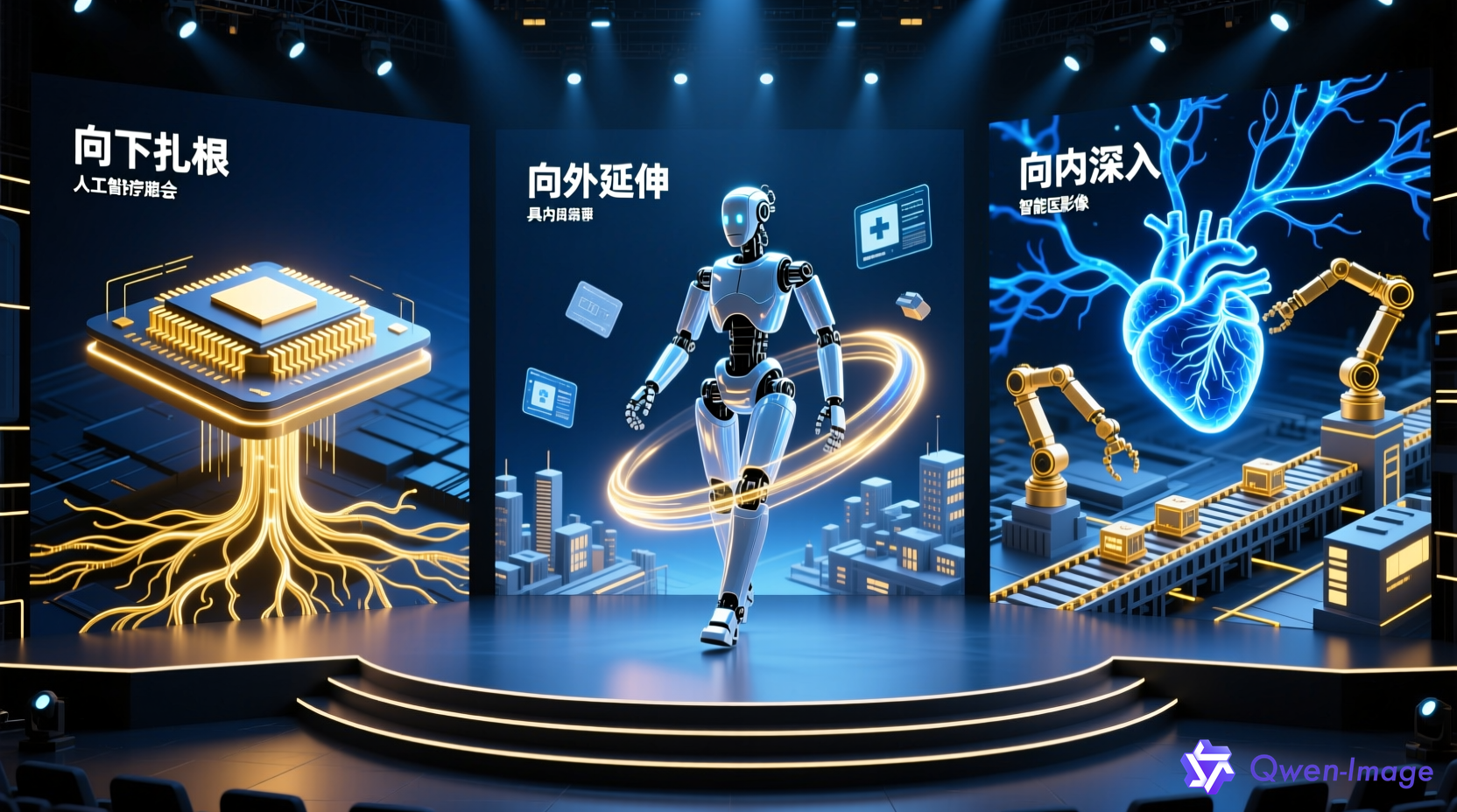 中关村路演现场，AI创业项目展示三大趋势：向下扎根（芯片与算力底座）、向外延伸（具身机器人走向物理世界）、向内深入（AI在医疗与工业场景的深度应用），抽象概念风格，数字艺术，科技感，蓝色与金色色调