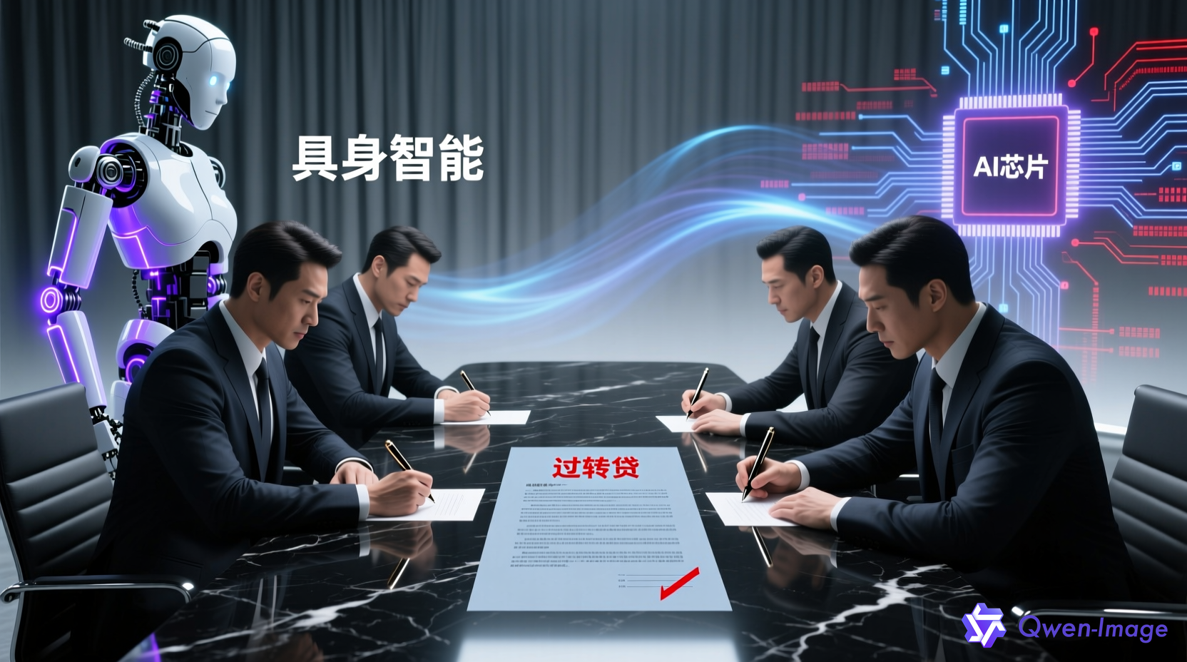 资本博弈与硬科技融资抽象场景：投资人与创业者围绕过桥贷和贷转股展开博弈，背景为具身智能和AI芯片等硬科技项目轮廓