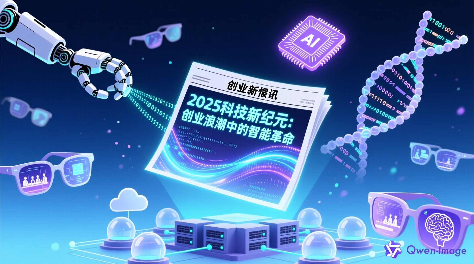 每日AI创业快讯封面插图：科技感数字报纸与机器人、AI芯片、DNA等元素环绕