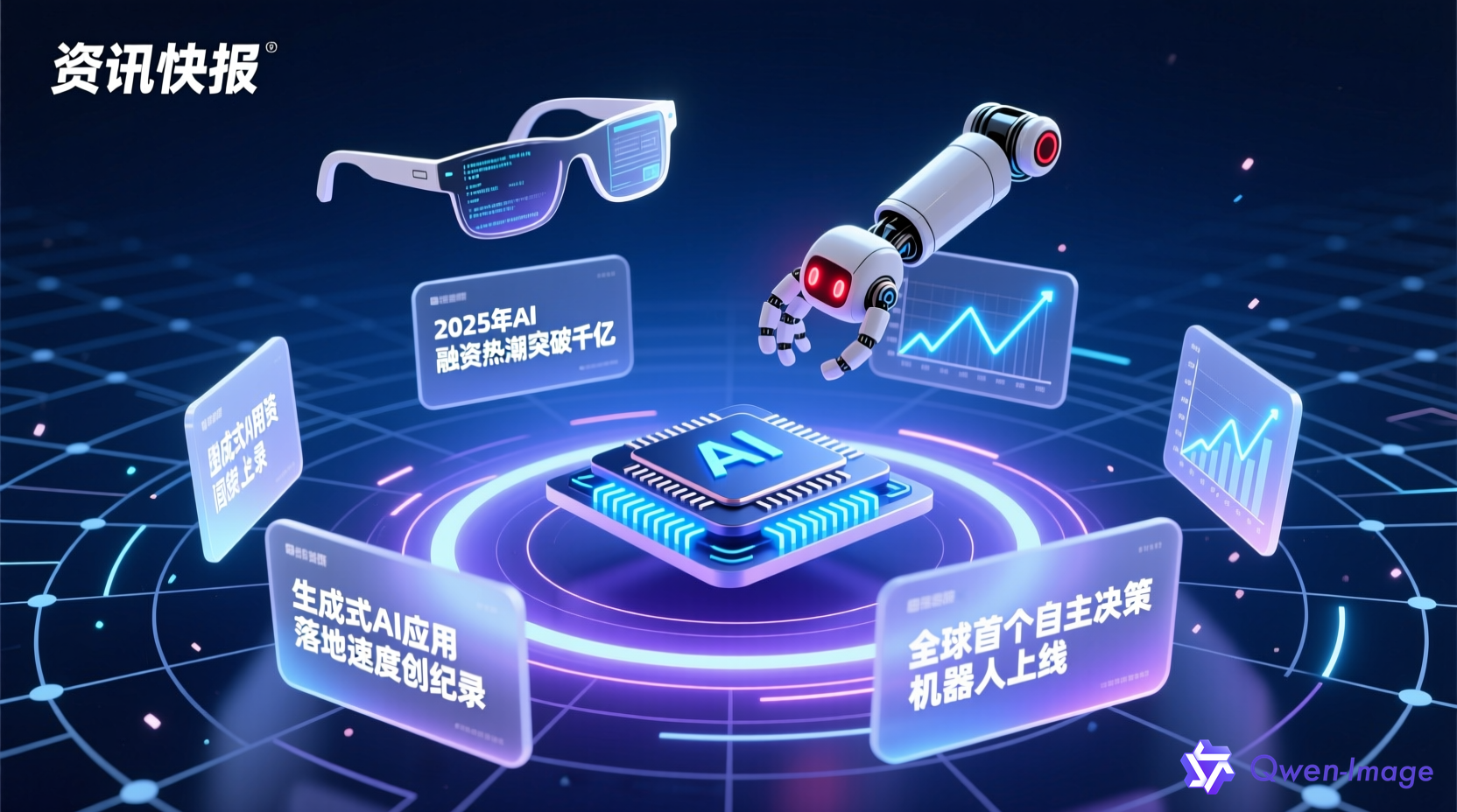 AI创业资讯快报概念图，数字科技感风格，深蓝色科技网格背景，漂浮的新闻卡片、数据图表、AI芯片、机器人、智能眼镜等元素