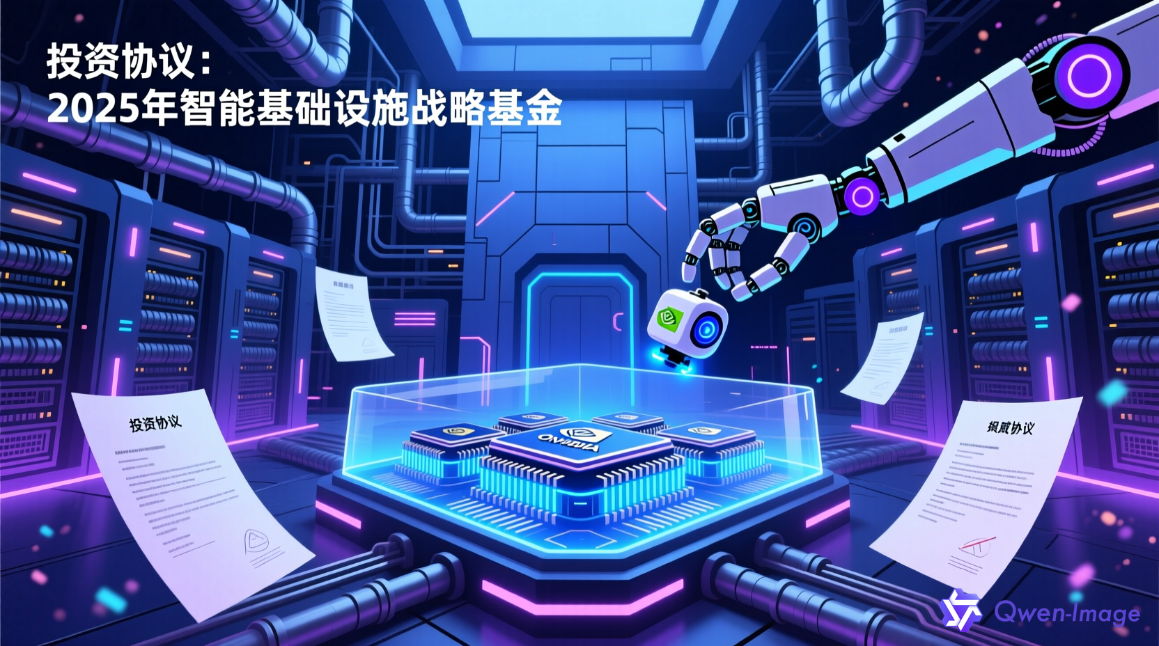 AI数据中心与具身智能概念封面图，蓝色紫色调科技感插画