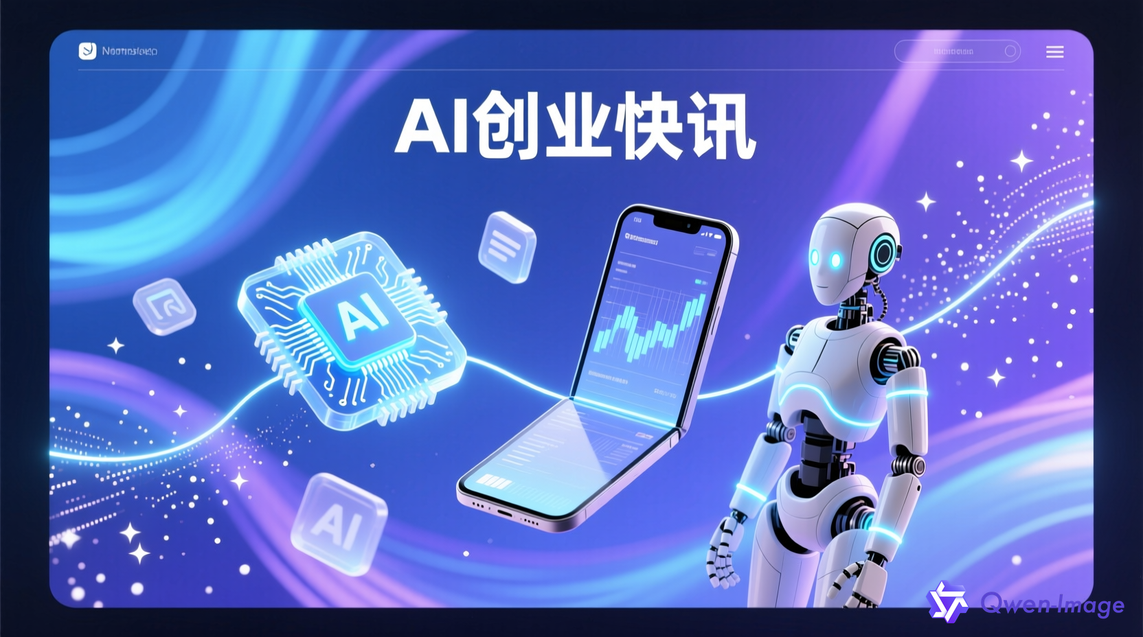 AI创业快讯主视觉：科技感数字信息流界面，包含AI芯片、折叠手机、机器人、数据流等科技元素