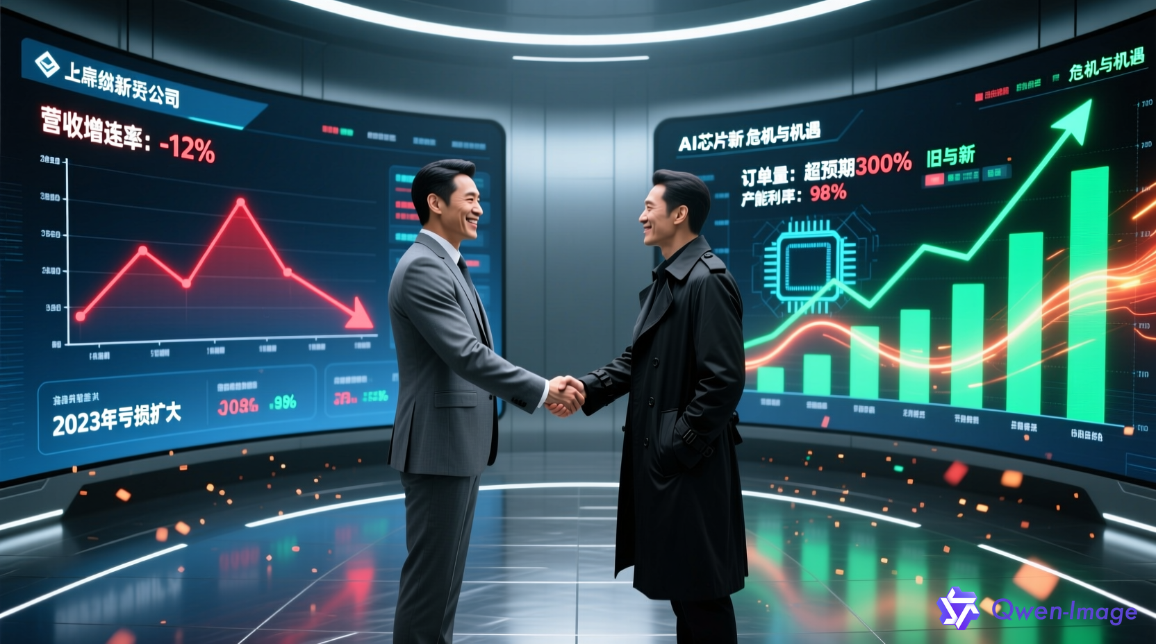 企业家与投资人握手，背景显示上市公司业绩下滑与AI芯片公司供不应求的冷暖对比数据屏幕，创业主题科技感光影