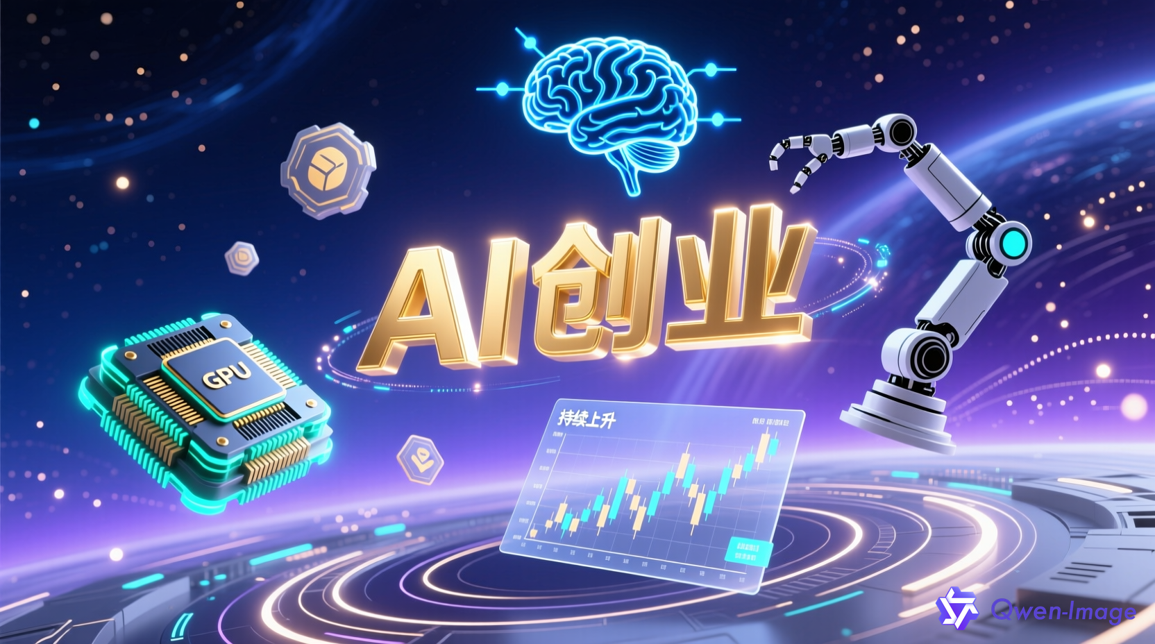 AI创业资讯与科技元素概念图 - GPU芯片、神经网络、K线图与机器人轮廓