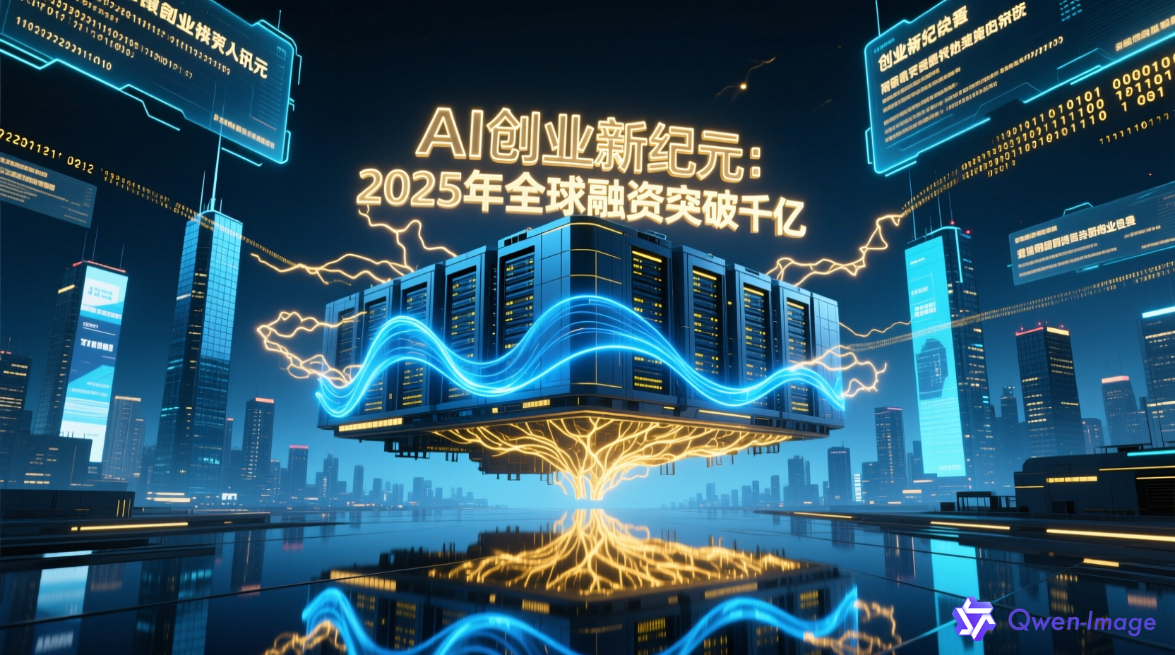AI创业快讯 - 赛博朋克风格的数据中心与新闻头条剪影