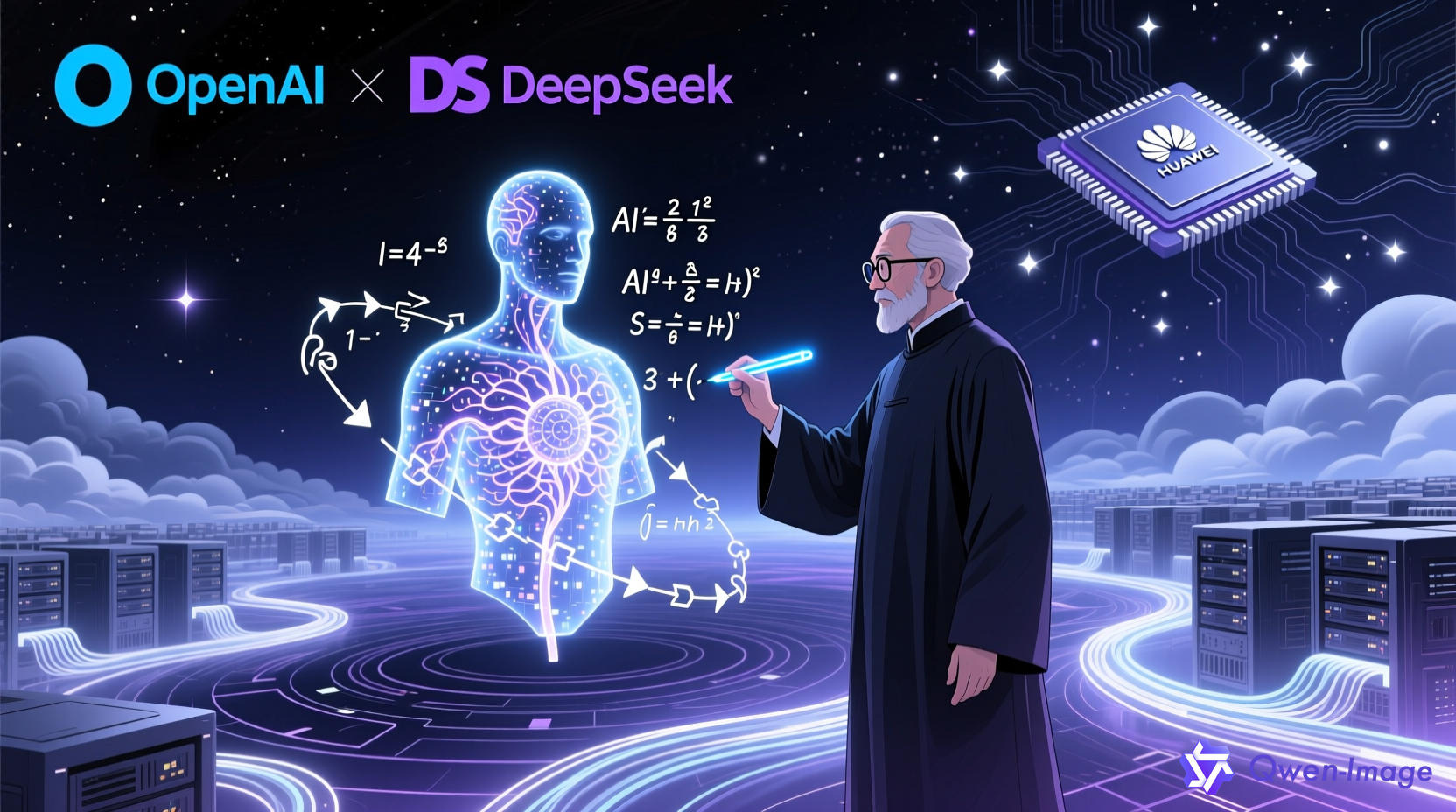 数学家与AI模型在数字空间中共同破解数学难题，OpenAI与DeepSeek交织的数字脉络概念化插画