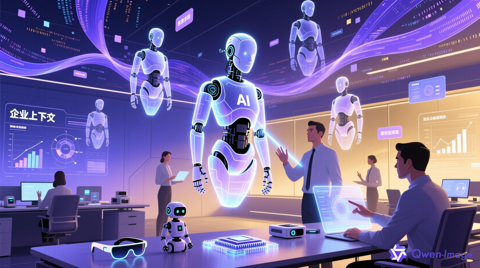概念性插画：AI创业与科技创新，半透明发光数字人与人类在科技空间协作，呈现企业上下文、智能硬件与AI Agent主题