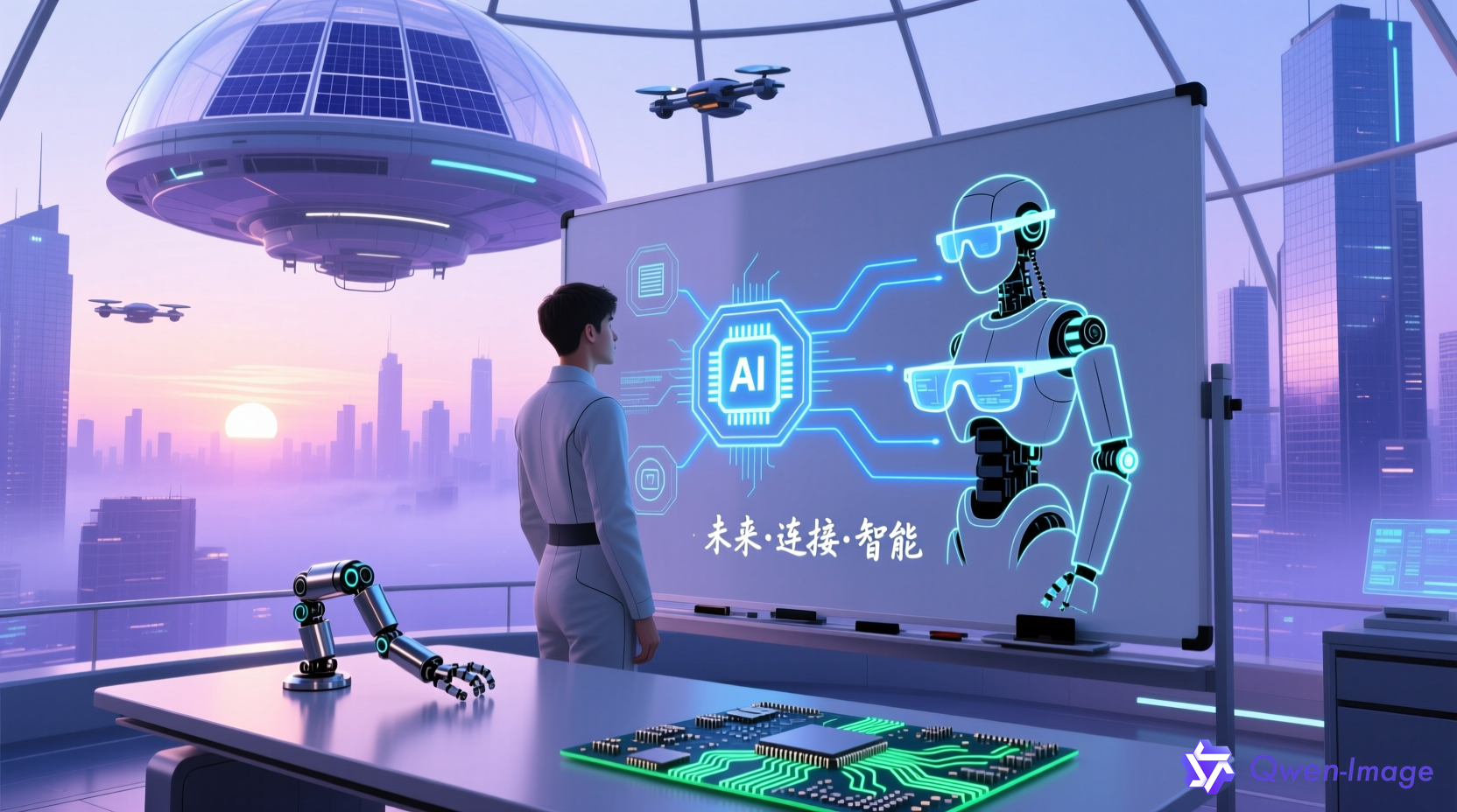 创业科技概念图：未来感实验室中创业者与AI芯片、人形机器人、智能眼镜等科技图标