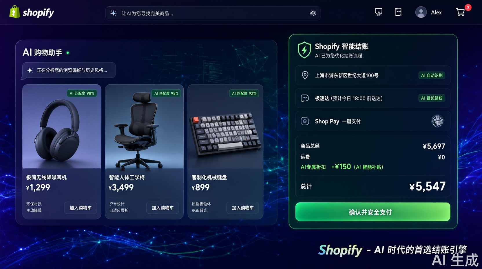现代化电商平台AI智能体应用界面，展示个性化推荐与智能结账流程