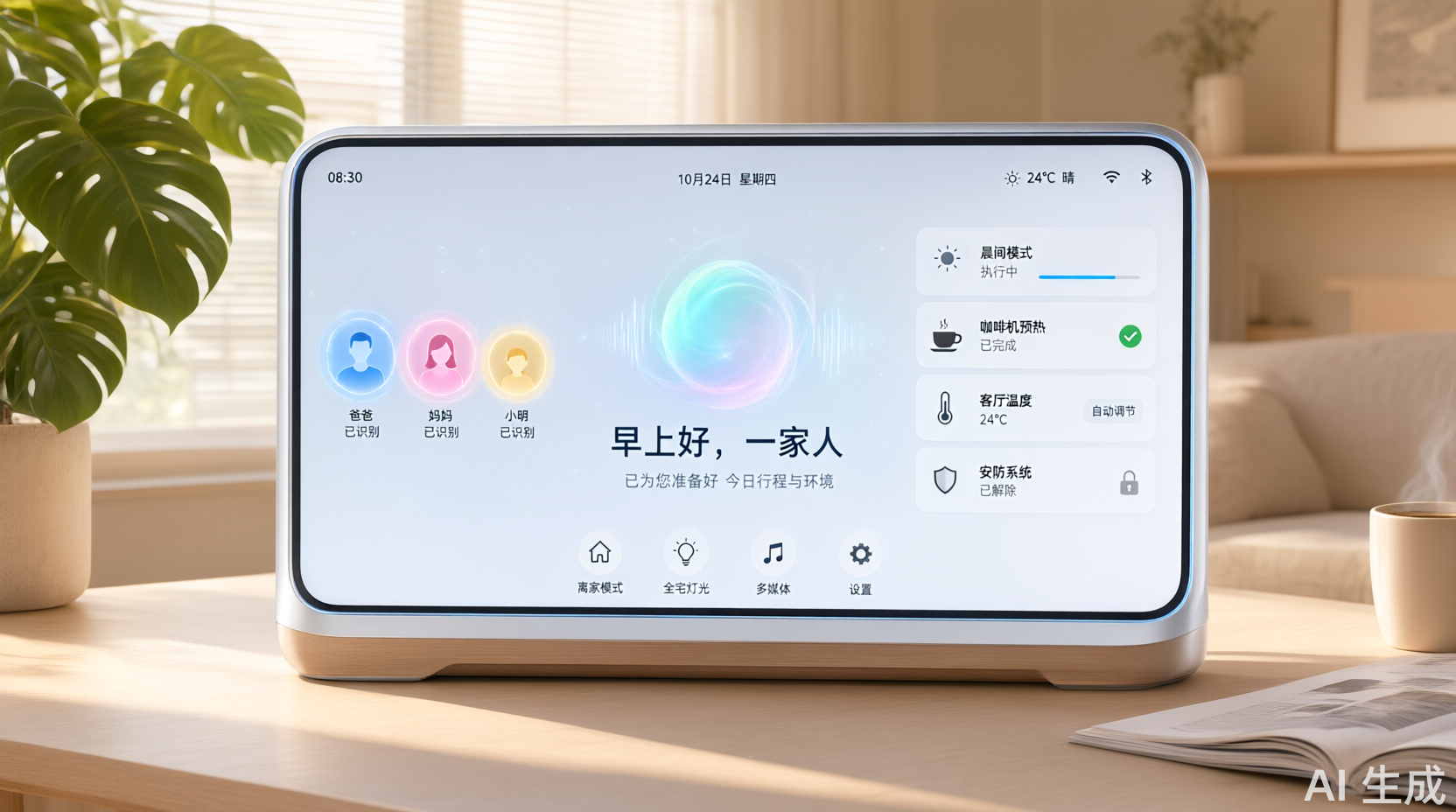 智能家居中枢设备展示家庭成员识别与任务执行概念