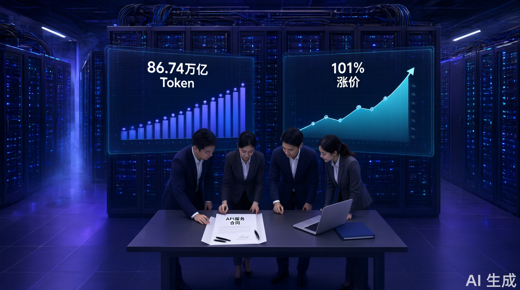 中国AI公司签署API服务合同，背景显示Token消耗与涨价数据图表